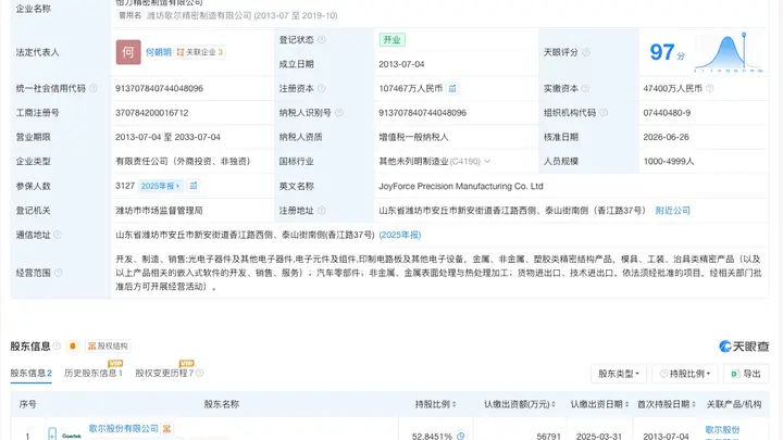 歌尔股份旗下精密制造公司增资至约10.7亿