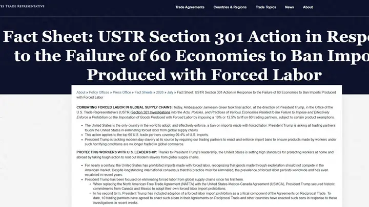 美国宣布涵盖数十国的全新关税措施 最全面劳工权利行动24日起生效
