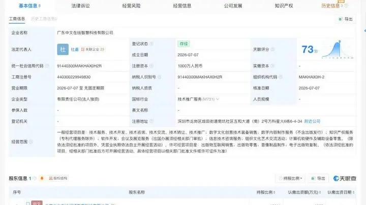 中文在线在广东成立新公司