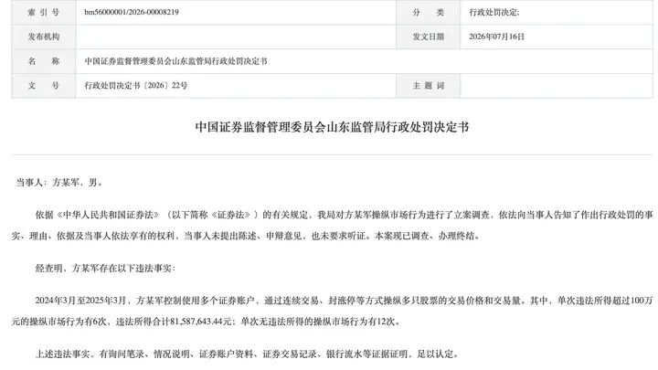 操纵市场涉案金额超6.27亿元 证监会连开多张高额罚单强化市场监管力度