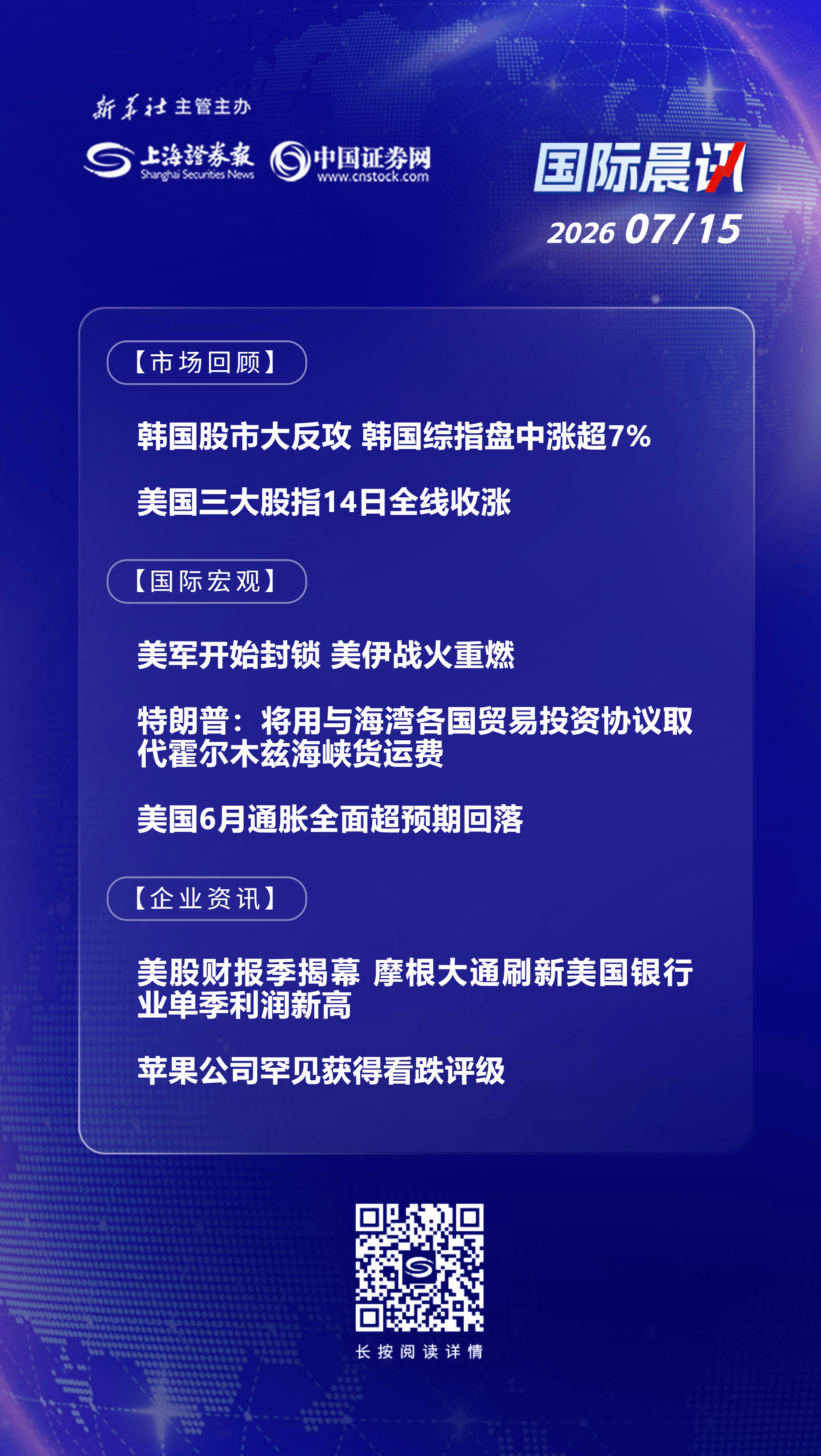 7月15日国际晨讯 | 韩国股市大反攻 美国6月通胀全面超预期回落