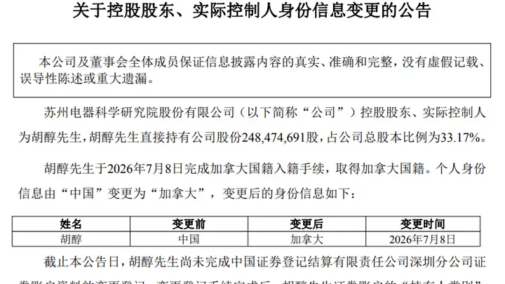 苏州“企二代”2天前入籍加拿大，入籍前高位精准减持旗下A股公司套现715万元，公司股价近2月跌掉33%，市值仅剩47亿元