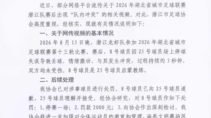 “楚超”潜江队队长疑输球后殴打球员，湖北潜江足协通报