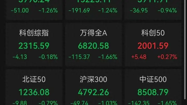 A股收评：近4800只个股飘绿，三大指数集体收跌，科创50收涨