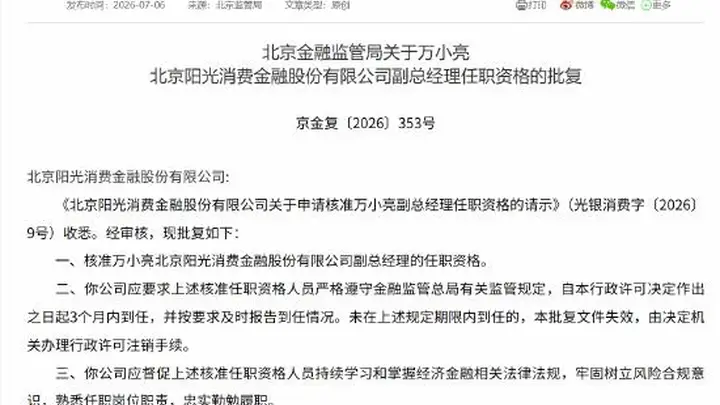 万小亮获批阳光消金副总经理 公司扩表增收不增利