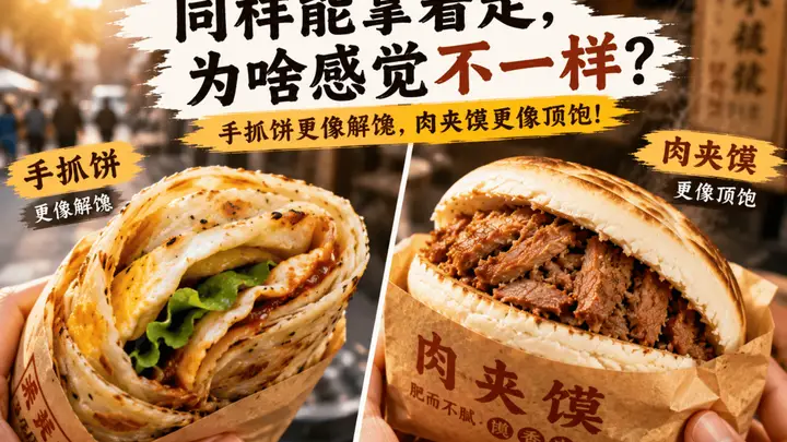 同样都能拿边走边吃,为什么手抓饼更解馋,肉夹馍更顶饱?
