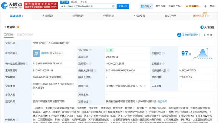中国中煤在西安成立化工研究院公司 注册资本10亿元
