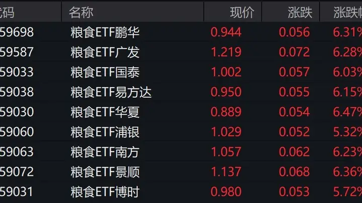 粮食概念股走强,多只粮食ETF涨超6%