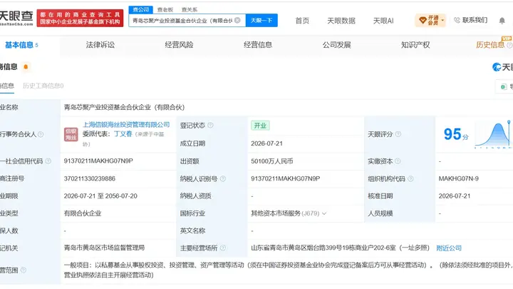 青岛芯聚产业投资基金登记成立 出资额5.01亿元