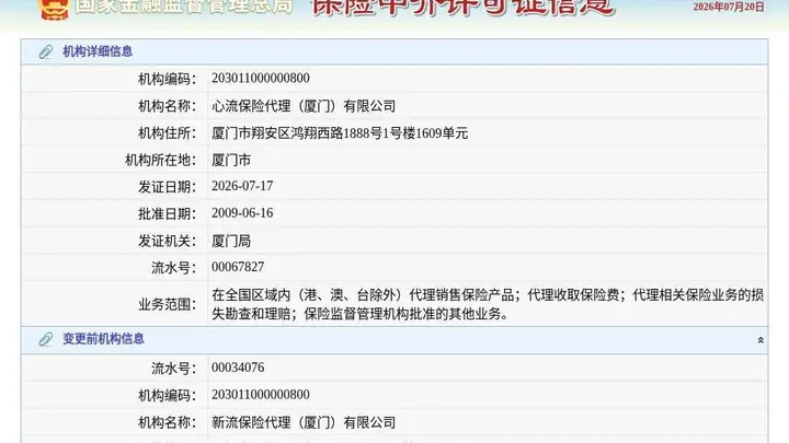 心流保险代理(厦门)有限公司获发新保险中介许可证,有效期至2026年7月