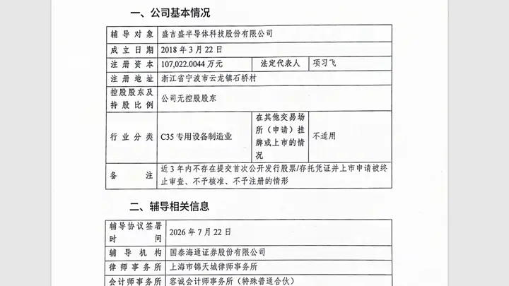 盛吉盛半导体IPO辅导备案获宁波证监局受理