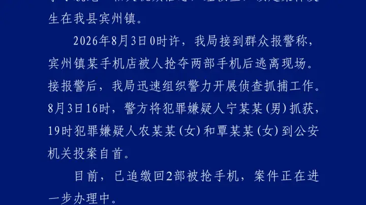 宾阳手机店抢夺案告破 两部被抢手机全数追回 一男子落网两女子自首
